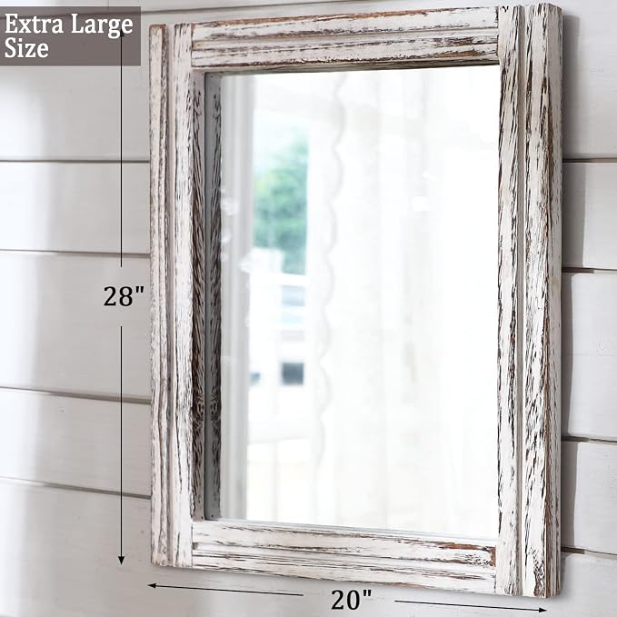 AAZZKANG Large Wall Mirrors with Rustic Wood Framed 28"x20" Rectangle | Decorative Farmhouse Bedroom Bathroom Living Room Entryway