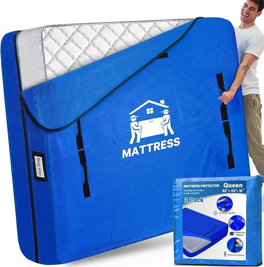 Mattress Bags for Moving, BETU Mattress Protector Waterproof Mattress Cover Queen Size Storage Bags with 8 Heavy-Duty Handles and Zipper for Bed Extra Thick Large Reusable(2 Pack, 82"x62"x15" Blue)