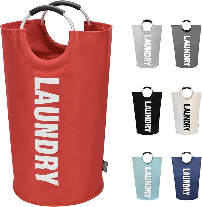 DOKEHOM 125L X-Large Laundry Basket Bag, Collapsible Tall Hamper, Red | Freestanding tall washing bin & foldable laundry bag. Extra large clothes storage basket with durable sturdy handles