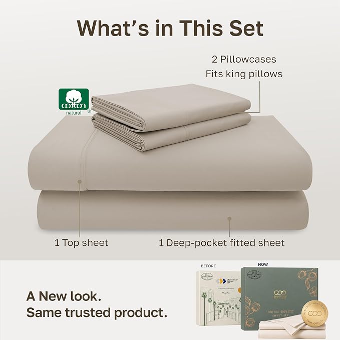 California Design Den 600 Thread Count King Sheets Deep Pocket, Soft Linen | 100% Cotton Sateen Backed by Good Housekeeping Seal, Soft & Smooth, 16" Deep Pocket Set, All-Around Elastic, Easy Care