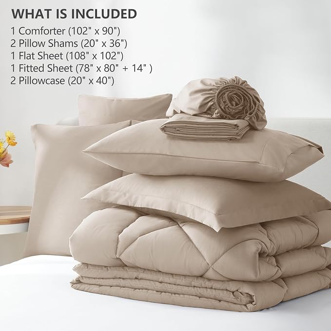 King Size Comforter Set Wheat - 7 Pieces Complete Bedding Set | OEKO-TEX Certified, All Season, 240GSM Down-Alternative Comforter, Sheets, Pillowcases & Shams, 14" Deep Pocket, Easy Care