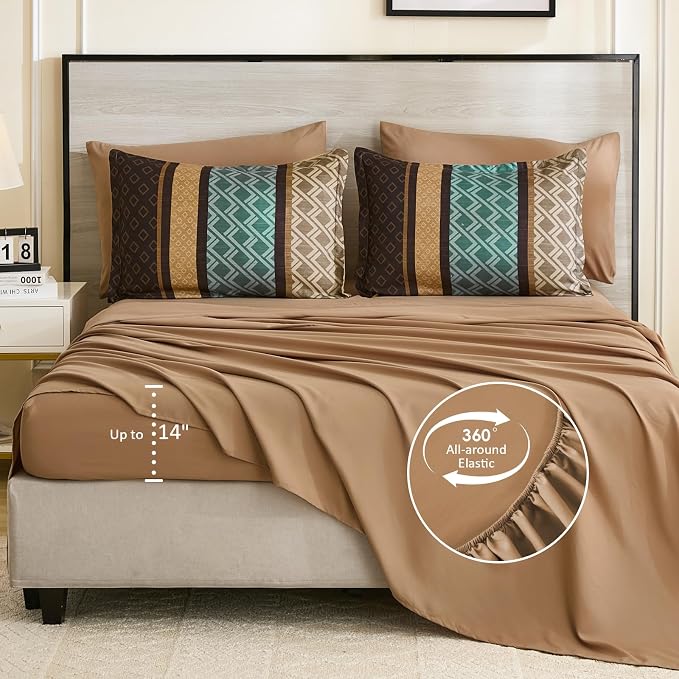 Cottolester Queen Comforter Set 7 Pieces,Boho Striped Bed in a Bag | Brown and Green Bed Set,Soft Microfiber Complete Bedding Sets