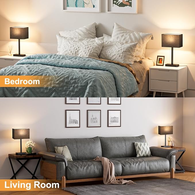 Touch Lamps for Nightstands Set of 2, Dimmable Black Bedside Table Lamp | Modern Table Lamp for Bedroom, Black Desk Lamp for Living room, with USB C+A, End Tables Bed Side, Bulb Included