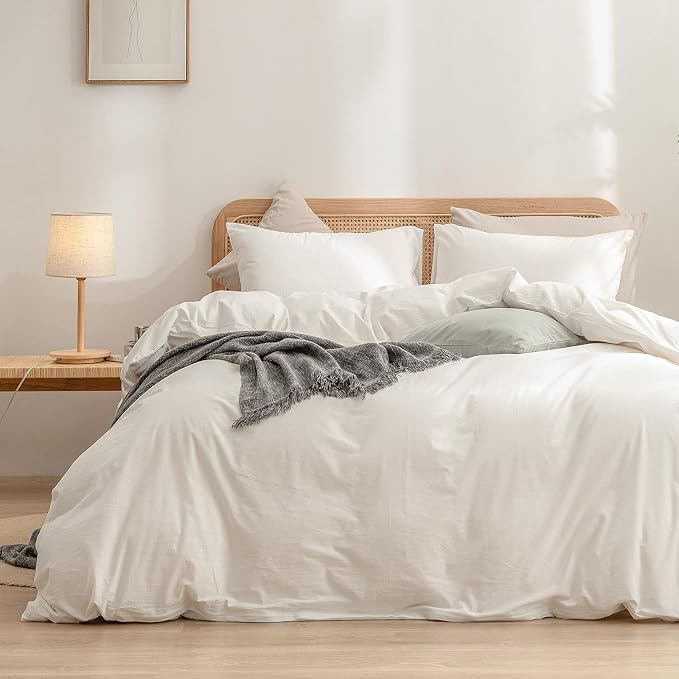 BESTOUCH Cotton Solid Duvet Cover Set Linen Feel Off White California King | 100% Washed Cotton, Soft Wrinkle Texture, Hidden Zipper, 8 Ties, Breathable Lightweight Durable Comfy, 3 Pcs No Insert