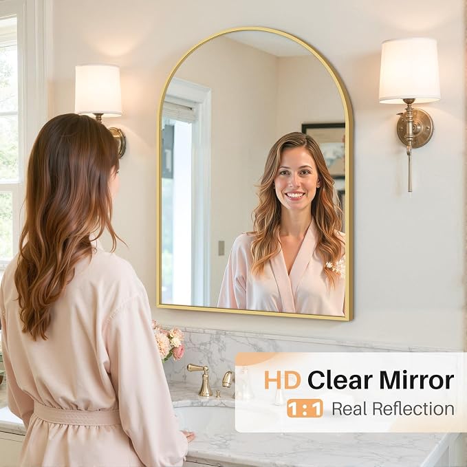 Bathroom Mirror for Wall, 30x20 Inch Arched Mirror, Matte Gold Metal Framed Bathroom Vanity Mirrors for Restroom Farmhouse, Anti-Rust, Tempered Glass, Hanging or Leaning