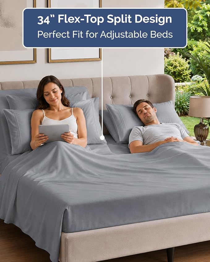 Flex Top Split Head King 6 Piece Sheet Set - Soft & Cooling - Steel Blue | Ultra Soft Hotel Luxury Bedding Set w/ 8-16 Inch Deep Pockets, 1 Flat & 1 Split-Head Fitted Sheet & 4 Pillowcases, Fade Free