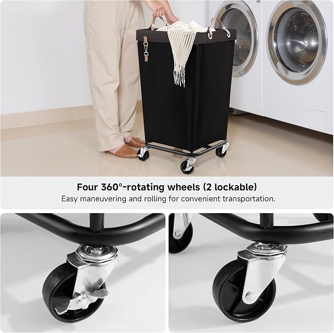 StorageWorks 110L Laundry Basket with Wheels, Rolling Hampers for Clothing | Black Laundry Basket with Wheels, Metal Frame & Handles, Rolling Hamper for Bedroom, Bathroom, Dorm, Hotel