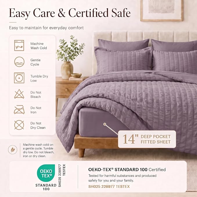 King Comforter Set, 7 Pieces Dusty Purple Seersucker Bed in a Bag | OEKO-TEX Certified, All Season Bedding Set with 240 GSM Down Alternative Comforter, Flat & Fitted Sheets, Pillowcases & Shams
