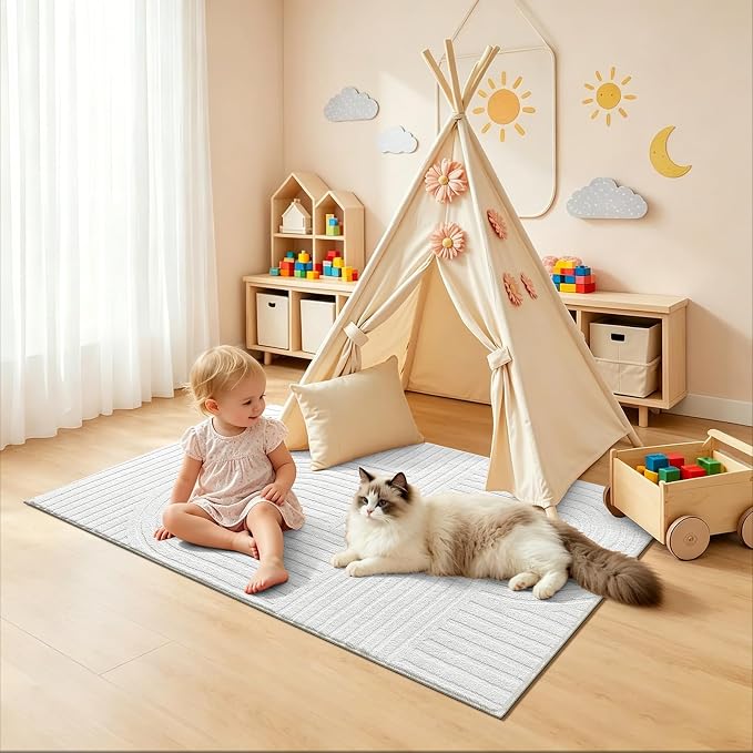 Pauwer 3x5 Area Rugs for Living Room, Modern Non Slip Washable Rug, White | Arch Pattern, Soft Fluffy, Neutral, Boho Accent, Solid Color Floor Carpet, For Kids Room Dining Room Nursery Entryway