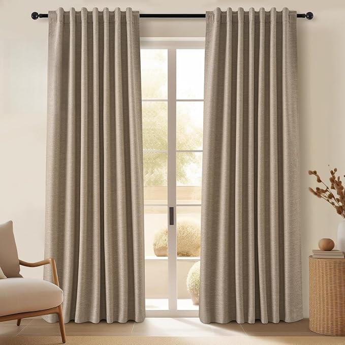 Topfinel 92 Inches Long Tweed Custom Black Out Drapery Panels, Rustic Country Faux Acoustic Textured Opaque Pleated Window Coverings, Kids Cream Boho Heat Blocking Tab Top Curtains for Bay Window