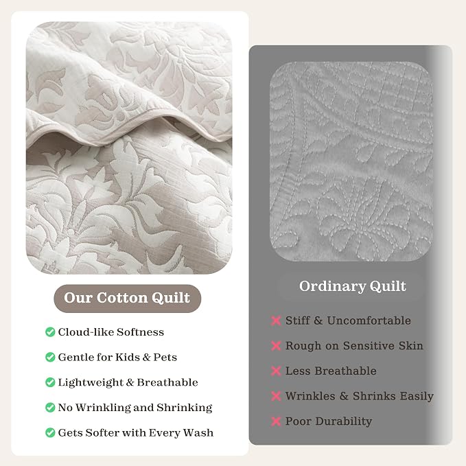 Exclusivo Mezcla Cotton Quilts King Size Beige | Soft Lightweight Bedspread, Breathable Prewashed Yarn Dyed Muslin, All Season Bedding Set, Boho Coverlet With 2 Pillow Shams
