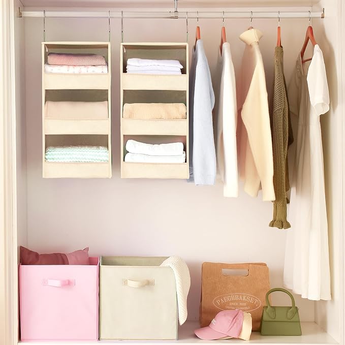 GRANNY SAYS 3-Shelf Hanging Closet Organizer, Foldable Storage, Khaki | 33 lb Capacity, No-Sag Support, Keeps Clothes Neat, Folds Flat, Fits RV, Dorm & Small Closets, 2 Pack