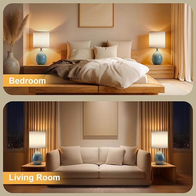18.5" Ceramic Table Lamps Set of 2 for Living Room Bedroom, Blue | Bedside Lamps for Bedroom Nightstand, Ice Crackle Home Bedroom Living Room Decor, Linen Fabric Shade, 3-Color Temperature