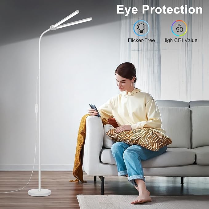 White Floor Lamp, 18W/2000LM Bright LED Floor Lamp for Living Room, Adjustable Gooseneck Dimmable Standing Office Task Lamp for Reading, Study, Eye Caring Lash Light for Sewing Tatoo Facial Spa