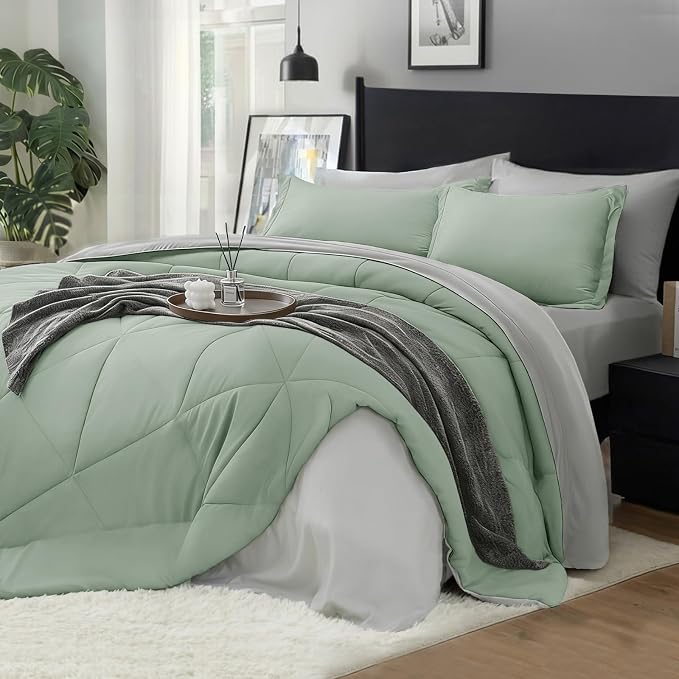 BEDELITE Queen Comforter Set 7 Pieces, Reversible Sage Green Bed in A Bag | Soft All Season Down-Alternative Comforter, Sheets, Pillowcases & Shams, OEKO-TEX Certified Bedding for Bedrrom, Guest Room