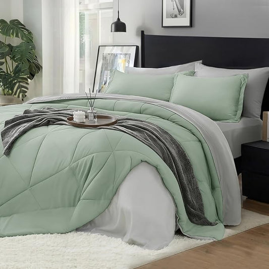 BEDELITE Cal King Comforter Set 7 Pieces, Sage Green Bed in A Bag | Soft All Season Down-Alternative Comforter, Sheets, Pillowcases & Shams, OEKO-TEX Certified Bedding for Bedrrom, Guest Room