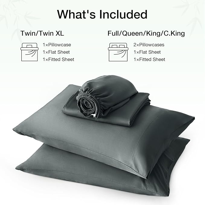 Love's cabin 3 Piece Twin XL Sheet Set, 100% Rayon Derived from Bamboo, Cooling & Breathable, Soft Silky Deep Pocket up to 16", Hotel Luxury Bedding for Hot Sleepers, Dark Grey
