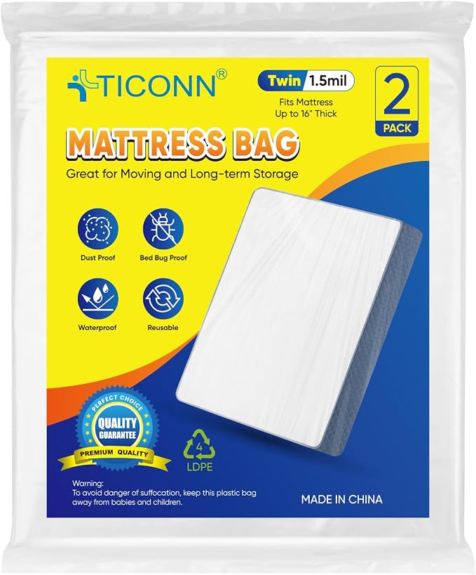 TICONN 2PK Plastic Mattress Bags for Moving, Waterproof Mattress Cover | 3D Gusset Design, Tear Resistant & Dust Protection, Multiple Sizes /Thickness Options, Reusable Mattress Protector