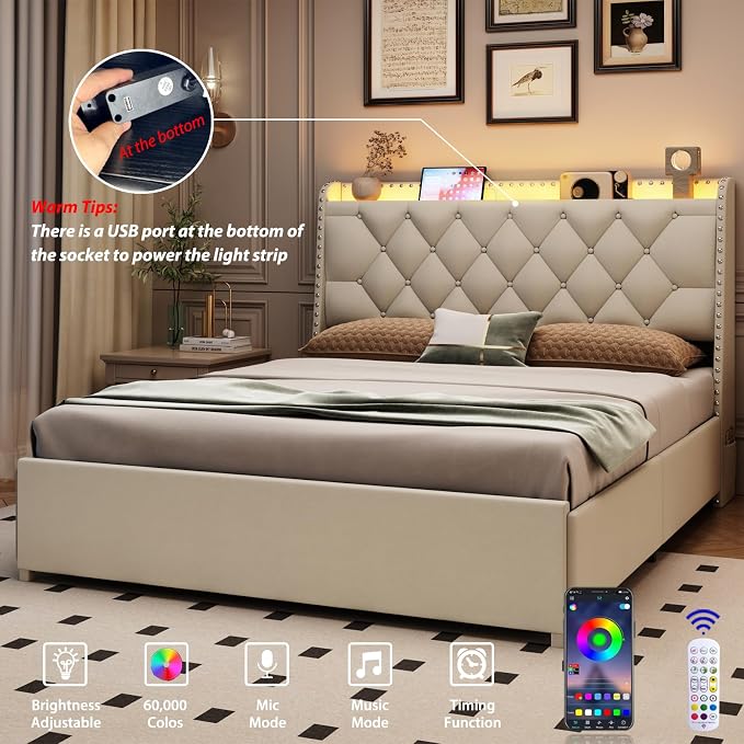 TIGUBFRE Full Size Bed Frame with 4 Drawers and Storage Headboard, Upholstered Tufted Wingback Bed Frame with LED Lights and Charging Station, No Box Spring Needed, Easy Assembly, Noise Free, Beige