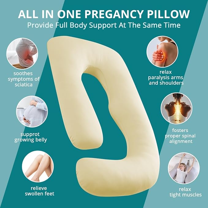 Cooling Pregnancy Pillows for Sleeping, 57'' Full Body Pillow, Light Yellow | Sasttie Maternity Pillow, OEKO-TEX, Down Alternative, Removable Cover, Pregnant Women Must Haves, Maternity Essential