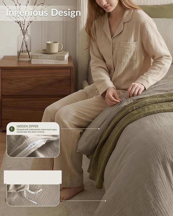 SE SOFTEXLY Muslin Duvet Cover Queen Size, 100% Washed Cotton Duvet Cover Set, Ultra Soft Comforter Cover Linen Like, 3 Pieces Minimalist Gauze Duvet Cover with 2 Pillowcases, 68"x90", Oatmeal