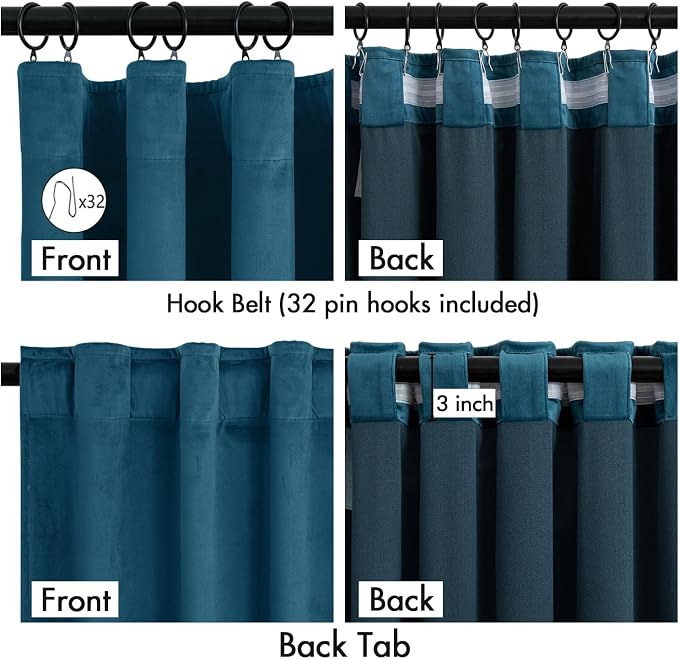 MIULEE Velvet Curtains 50W x 108L 2 Panels Peacock Blue Blackout Curtains | Luxury velvet fabric, pinch pleat design, back tab hooks, thermal insulated, blackout light blocking, for living room bedroom