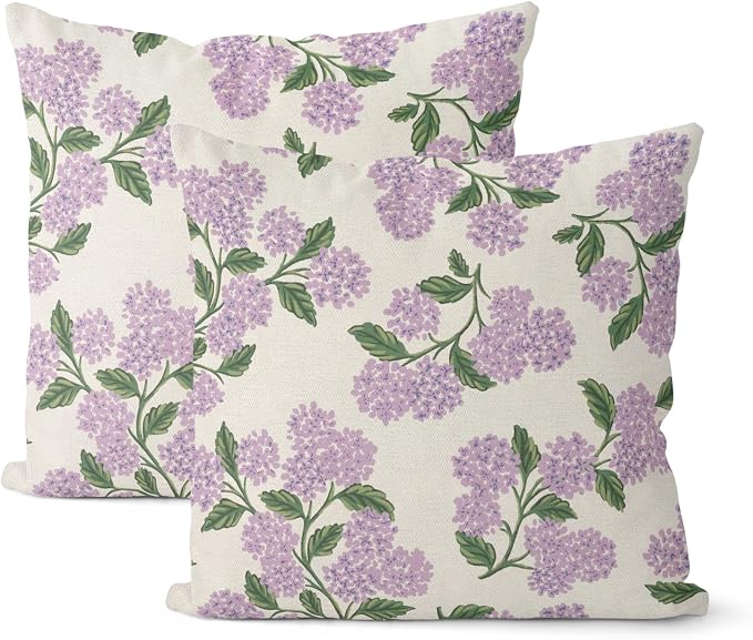 Purple Pink Spring Pillow Covers 16x16 Inch 2 Pcs Green Hydrangea Flower Decor Throw Pillows Vintage Floral Seasonal Summer Outdoor Decoration Pillowcase Linen Cushion Cover for Couch Sofa