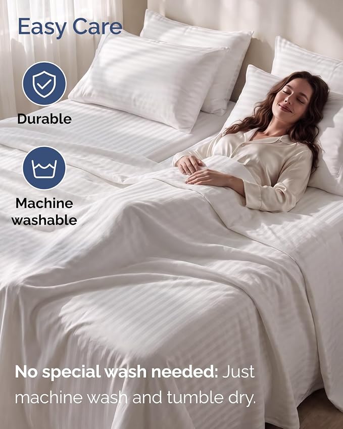 Split King 7 Piece Bed Sheet Set - Breathable & Cooling - Striped White | Ultra-Soft Hotel Luxury Bedding Set w/ 8-16 Inch Deep Pockets, 1 Flat & 2 Fitted Sheet & 4 Pillowcases, Wrinkle & Fade Free