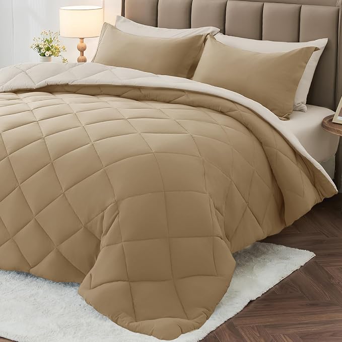 7 Pieces Queen Comforter Set, Reversible Bed in a Bag Queen Size, All Season Bedding Set with Comforter, Flat Sheet, Fitted Sheet, Pillowcases & Shams, Khaki & Linen