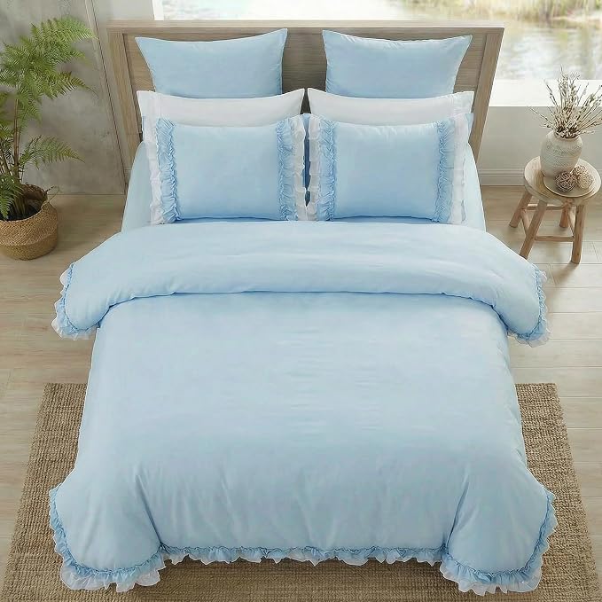 Bedrom Light Blue Duvet Cover Twin Ruffled Bedding Set Elegant Ruffle Lace Bedroom Decor Shabby Chic Farmhouse Style Blue Boho Duvet Cover Set