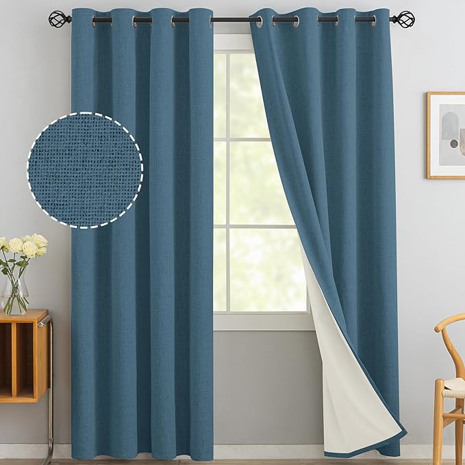 Yakamok Dusty Blue Linen Textured Curtains 96 Inches Long for Living Room | 100% Blackout Curtains,Room Darkening Curtains,Thermal Grommet Bedroom Curtain 2 Panels with Greyish White Liner,52W x 96L