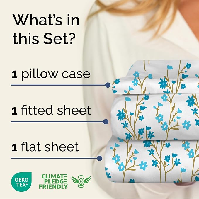 Twin 3 Piece Floral Sheet Set - Soft, Breathable & Cooling - Sea Spring | 1 Flat, 1 Fitted & 1 Pillowcase w/ Deep Pockets, Boho Botanical Floral Bedding, Breathable & Cooling, Wrinkle & Fade Free
