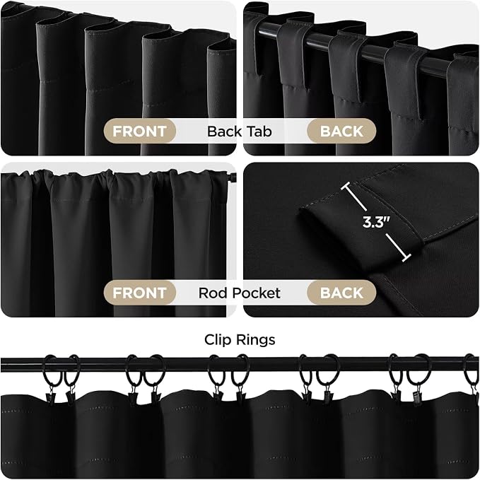 Joydeco 72 Inch Blackout Curtains for Bedroom, Thermal Insulated Black Out Curtains, Room Darkening Drapes for Living Room Window Rod Pocket Back Tab (W37 x L72 Inch, Black)