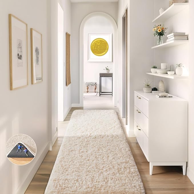 Ophanie Runner Rug for Hallway, 2x7 Washable Non-Slip Fluffy Soft Bedside Rugs, Bedroom Living Room Shaggy Carpet for Kids Girls Boys Dorm Nursery Decor Aesthetic, Ivory with Over 99 pcs Pile fibers