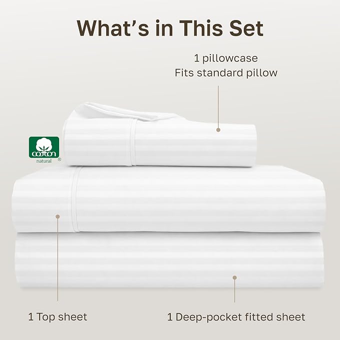 California Design Den 100% Cotton Sateen Twin Bedding Sheets Set, 3 Pcs | 400 Thread Count Backed by Good Housekeeping Seal, All-Around Elastic, Durable, Easy Care, OEKO-TEX certified - Striped White