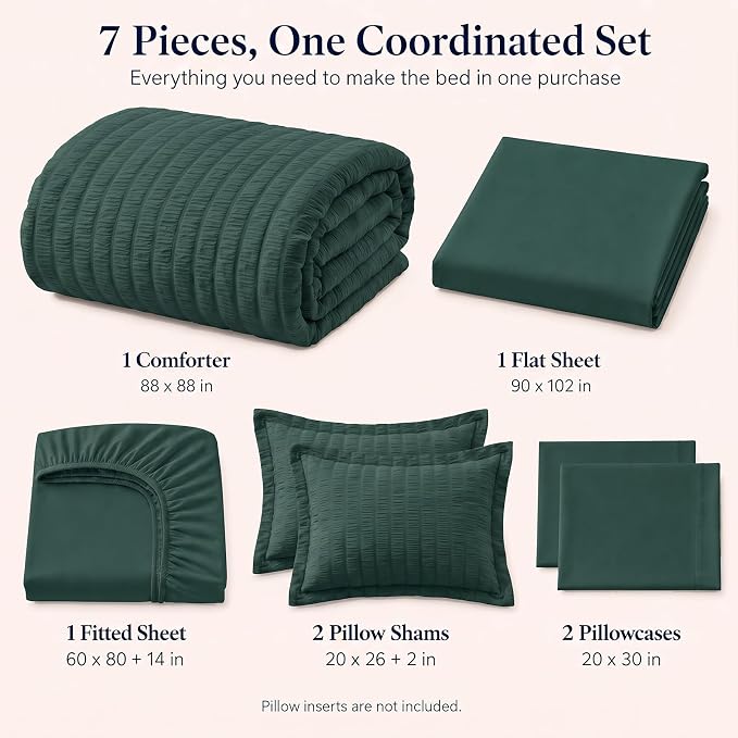Queen Comforter Set, 7 Pieces Forest Green Seersucker Bed in a Bag | OEKO-TEX Certified, All Season Bedding Set with 240 GSM Down Alternative Comforter, Flat & Fitted Sheets, Pillowcases & Shams