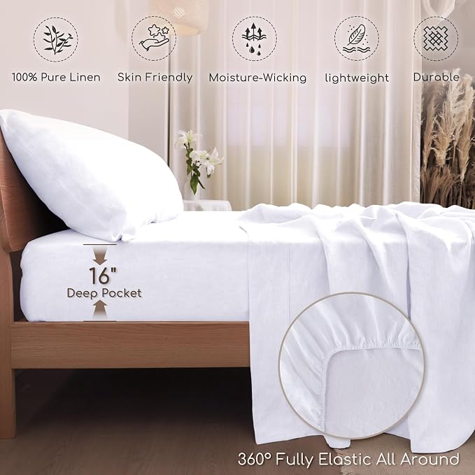 100% Linen Sheets Set King Size, Natural Pure Flax 4 Piece Bed Sets, 16" Deep Pocket, Breathable Cooling Bed Soft Durable Bedding, Machine Washable (White, King)