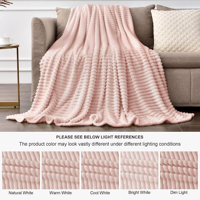 BEDELITE 3D Ribbed Light Pink Fleece Throw Blanket for Couch, 50x60 Inch | Soft Warm Decorative Fluffy Blanket, Cozy Plush Lightweight Fuzzy Throw Blanket for Bed Sofa Home Room Decor, Gift for Women