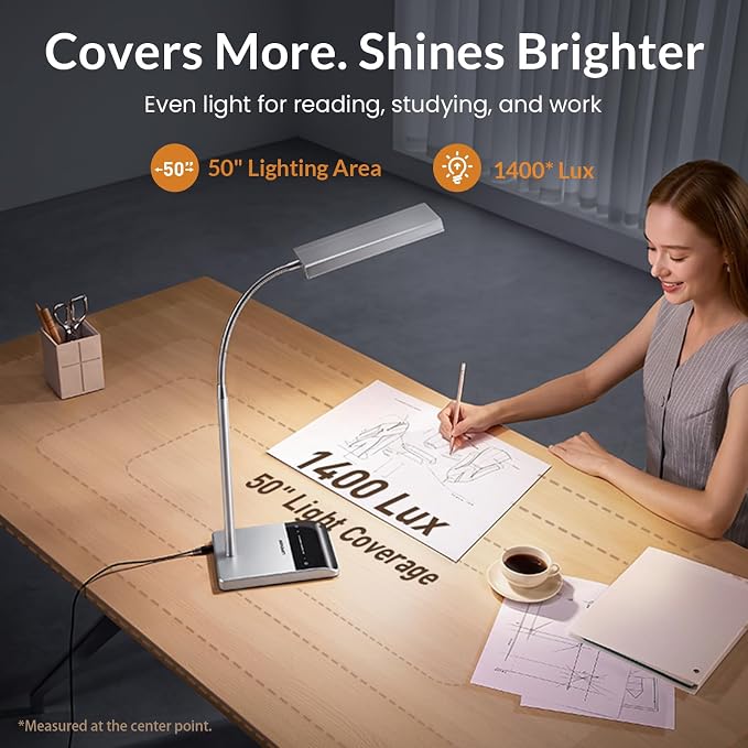 LEPOWER Desk Lamp, 800LM LED for Home Office, True Eye-Caring for Reading | 50 Lighting Modes, 2X Wider Panel, 360° Flexible Gooseneck, Touch Control, 12W Bright Table Lamp for Dorm, Bedroom, Study
