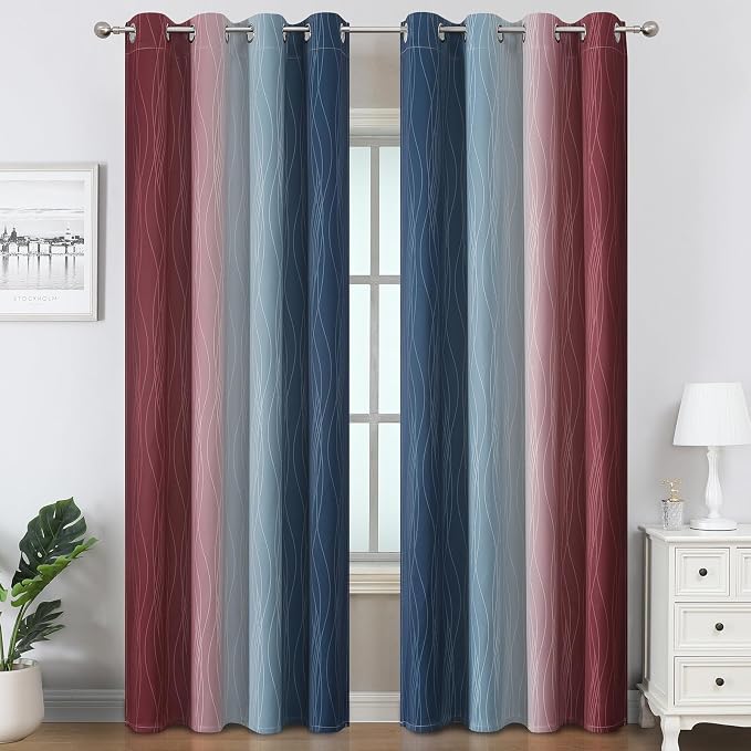 Navy Blue and Burgundy Red Ombre Blackout Curtains for Bedroom 84 Inch Long | Estelar Textiler Room Darkening Curtains for Living Room,Energy Saving,Thermal Insulated Grommet Window Drapes,52x84,2 Panels