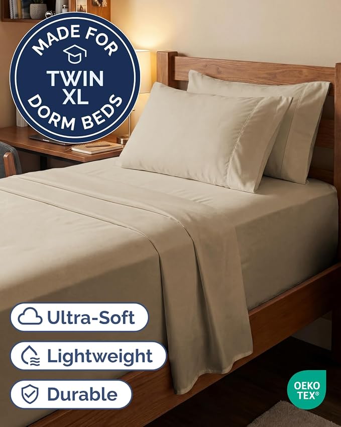 Extra Deep Twin XL Sheet Set - 4 Piece College Dorm Room - Cream | College Dorm Room Essentials, Easy & Secure Fit, Ultra-Soft, Wrinkle & Fade Free, Comfy Sheets Set with Extra Deep Pockets