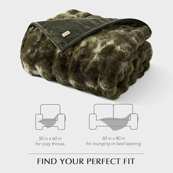 EverGrace Faux Rabbit Fur Bubble Throw Blanket, 60"x80", Marble Olive | Ultra Soft, Luxury Faux Rabbit Fur Throw, Thick Warm Bubble Blanket, Cozy Fluffy Reversible, for Bed, Couch, Chair, Sofa