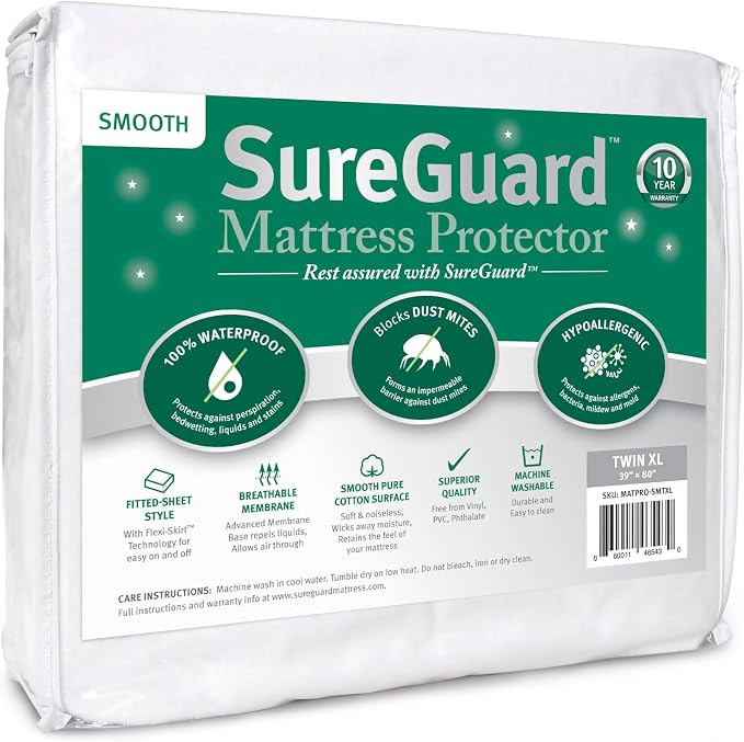 SureGuard Smooth Waterproof Mattress Protector, Twin XL Mattress Cover | Soft Noiseless Breathable Hypoallergenic Washable Mattress Pad, Stretchable Pockets fit Bed 6-18" Deep (Smooth Cotton)
