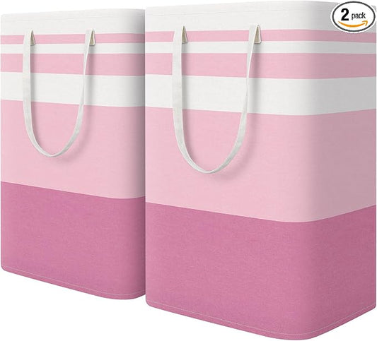 HomeHacks 2 Pack Large Laundry Baskets, Laundry Hampers Bags (Pink 75Lx2) | Waterproof, Freestanding, Collapsible Clothes Hamper with Reinforced Handles in Laundry Room, Dorm, Bathroom, Bedroom