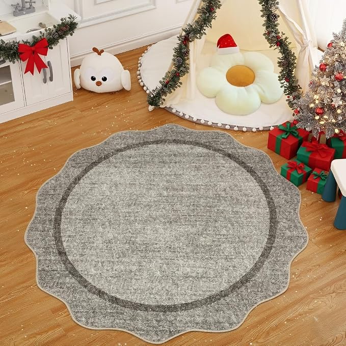 GarveeHome Scalloped Washable Non-Slip Soft Round Rug 4 ft, Brown | Small Ultra-Thin Boho Circle Stain Resistant Low Pile Carpet for Entryway Kitchen Bedroom Nursery Bathroom