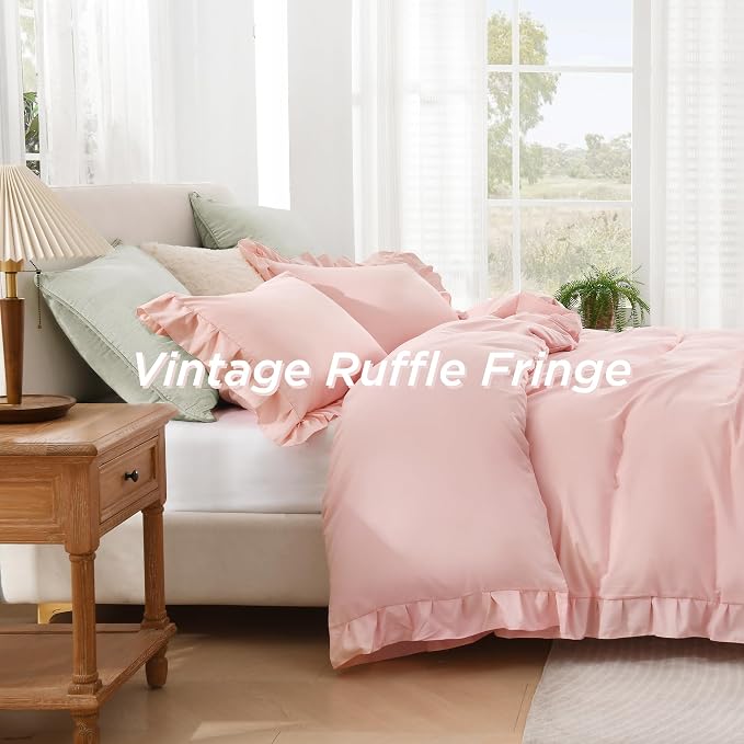 Andency Blush Ruffle Duvet Cover Queen, Shabby Chic Farmhouse Bedding Set | 3 Pieces Soft Washed Polyester Vintage Ruffled Comforter Cover Set with Zipper Closure & Corner Ties, 90x90Inch