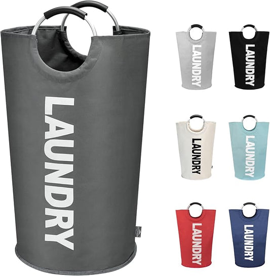 DOKEHOM 90L Large Laundry Basket Bag, Collapsible Tall Hamper, Dark Grey | Freestanding tall washing bin & foldable laundry bag. High-capacity clothes storage basket with durable sturdy handles