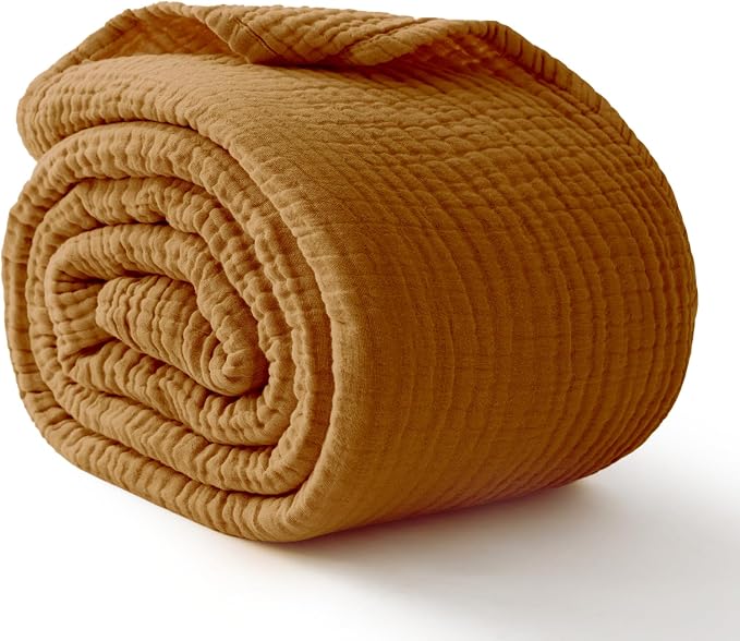 100% Cotton Muslin Blanket 40" x 40", Breathable and Lightweight Cotton Throw Blankets, Soft Cooling Summer Gauze Blanket for All Season, Camel