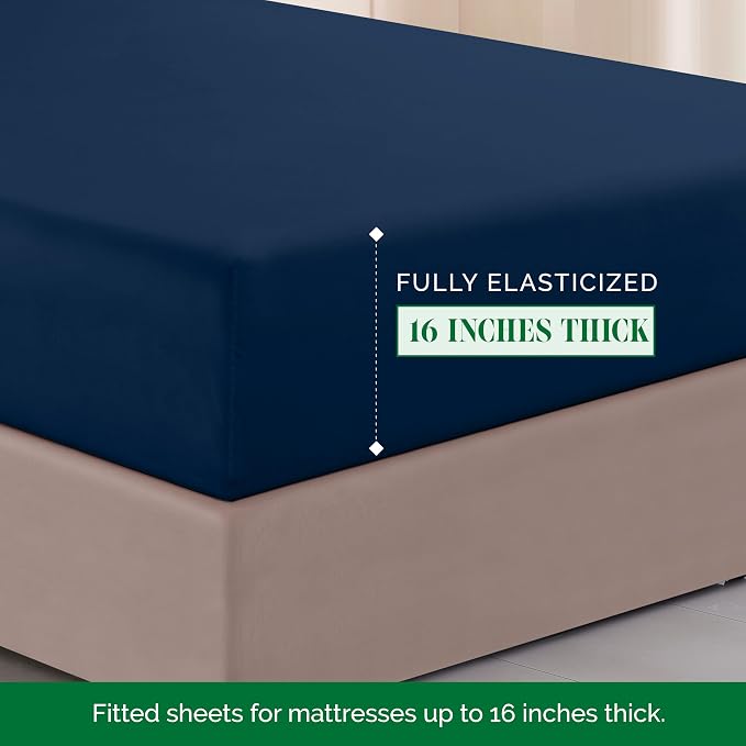 Elegant Comfort Luxurious 1500 Premium Hotel Quality Microfiber Three Line Embroidered Softest 4-Piece Bed Sheet Set, Wrinkle and Fade Resistant, King, Navy Blue