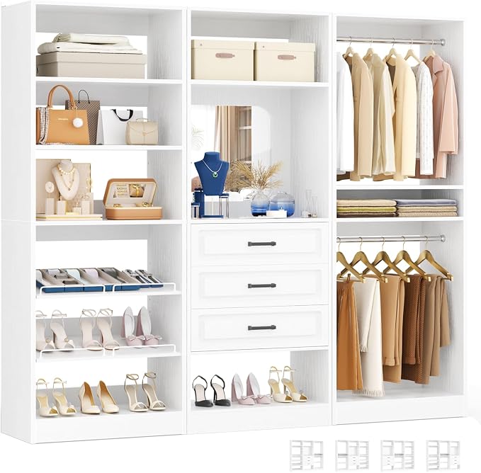 Unikito 75" Modular Closet System with 3 Sets, Mirror & Drawers, White | Hanging Rods & Adjustable Shelves, Freestanding Wood Wardrobe Garment Rack, Walk in Tower Clothes Storage Organizer Unit